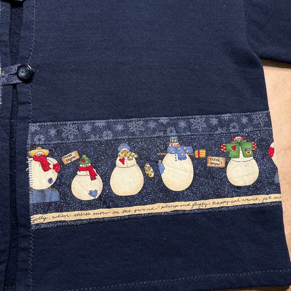 Vintage 90s Jerzees Handmade Snowman Cardigan Sweater Patchwork Navy Christmas - Picture 3 of 8